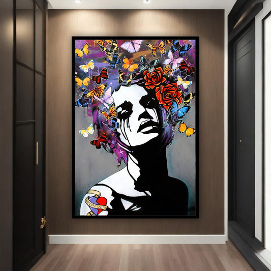 Woman with flower head canvas painting, roses and woman print, flower woman art, flowers and woman canvas wall art