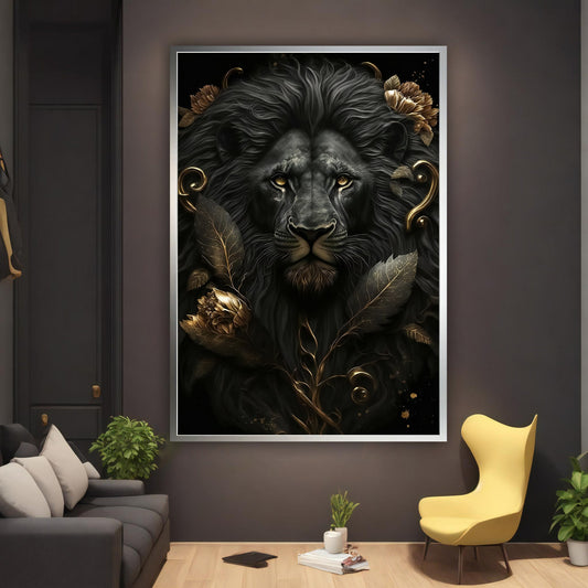 Black lion canvas painting, lion art, lion canvas print, lion poster, framed animal decor