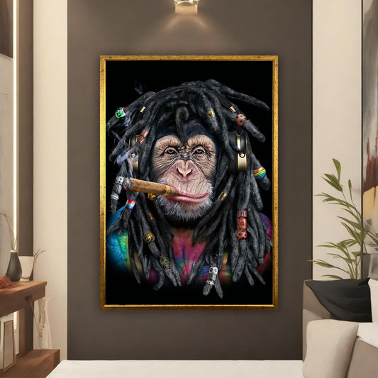 Hippie monkey canvas painting, monkey with rasta hair wall art, monkey poter, monkey canvas print, monkey wall art