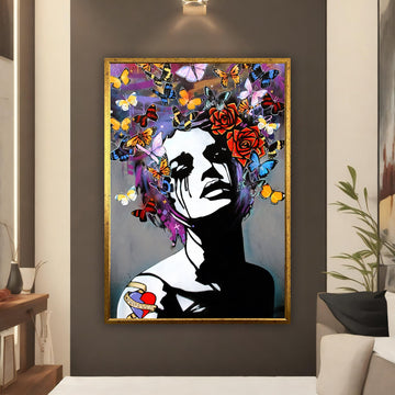 Woman with flower head canvas painting, roses and woman print, flower woman art, flowers and woman canvas wall art