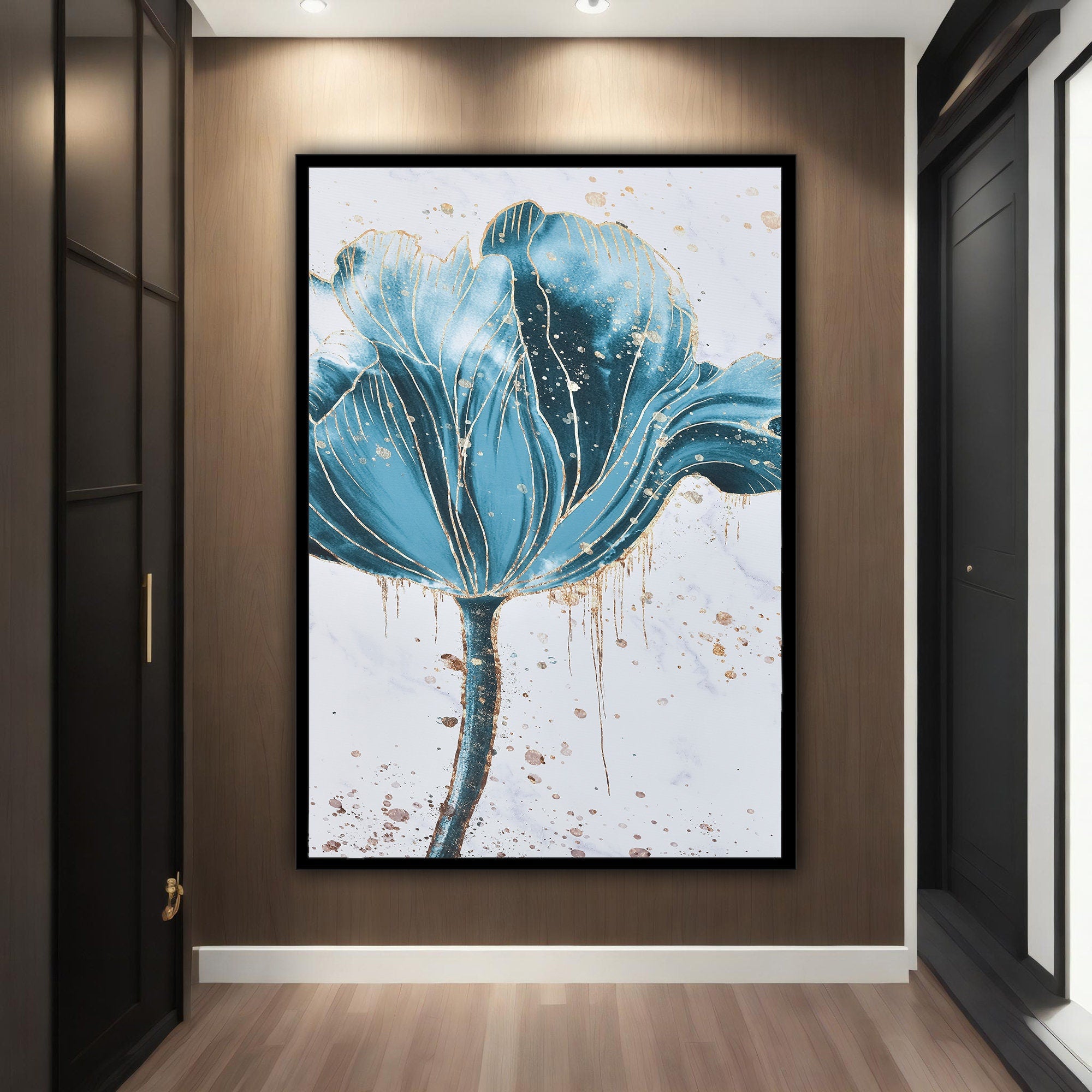 Blue Flowers Framed Canvas Painting, Flower Canvas Print Art, Floral Artwork, Modern Wall Decor, White Rose Canvas Wall Art