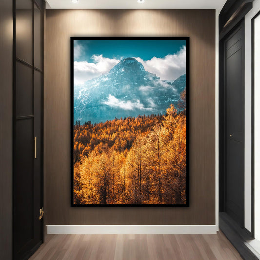 Fall landscape canvas, forest and mountain wall art, LANDSPACE poster, trees canvas print