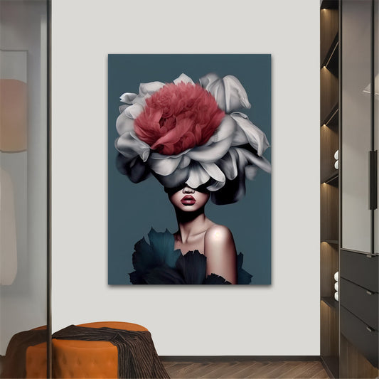 woman with flower head canvas painting, white roses and woman print, flower woman painting, flowers and woman painting