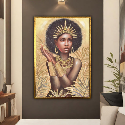 African queen canvas wall art, African Woman Framed Canvas, Gold Jewelry Wall Art, Gold African Woman Canvas, Ethnic Woman Wall Art,