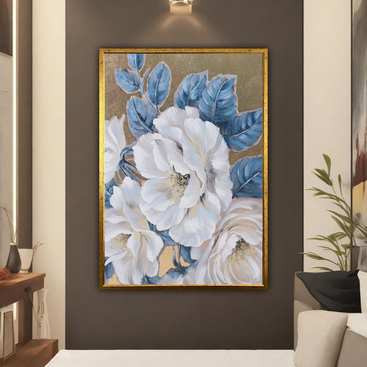 White Flowers Framed Canvas Painting, Flower Canvas Print Art, Floral Artwork, Modern Wall Decor, White Rose Canvas Wall Art