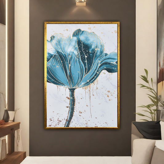 Blue Flowers Framed Canvas Painting, Flower Canvas Print Art, Floral Artwork, Modern Wall Decor, White Rose Canvas Wall Art
