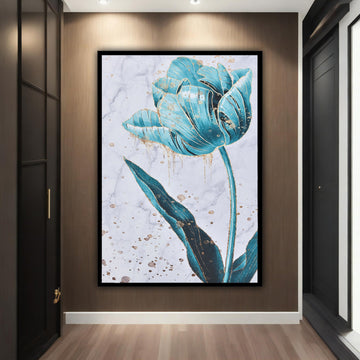 Blue Flowers Framed Canvas Painting, Flower Canvas Print Art, Floral Artwork, Modern Wall Decor, blue Rose Canvas Wall Art