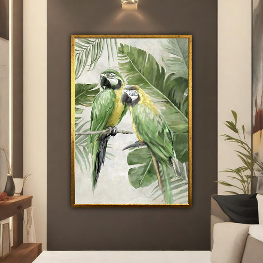 Parrot in leaves painting, parrots flowering wall art, parrot canvas painting, parrot poster