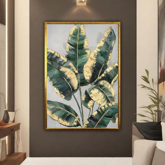 GREEN and gold tropical leaves canvas painting, artistic leaf painting, leaves canvas print, tropical wall art