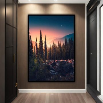 Night forest landscape canvas painting, forest wall art, trees poster, landscape art