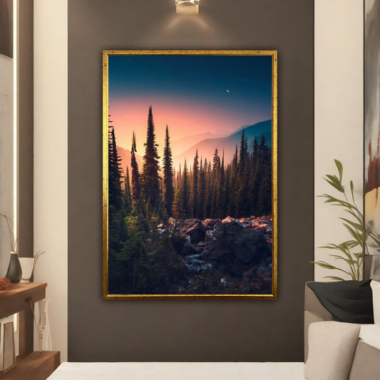 Night forest landscape canvas painting, forest wall art, trees poster, landscape art