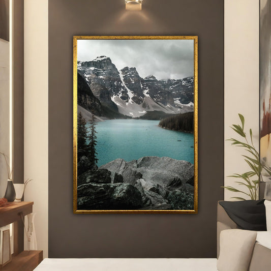 lake landscape canvas painting, snowy mountain and lake nature art, nature canvas print, lake poster, landscape canvas wall art