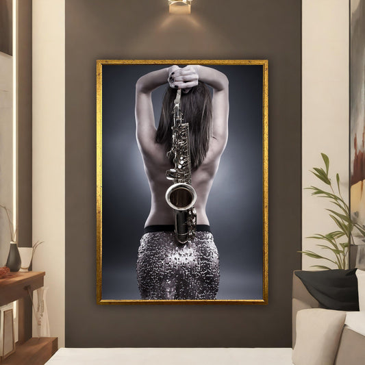 Saxophone and woman surreal canvas painting, saxophone woman abstract art, music wall canvas painting, saxophone art