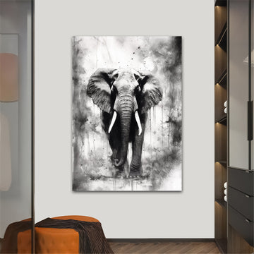 Black and white elephant painting, elephant canvas print, elephant poster, elephant art, black and white animal wall art