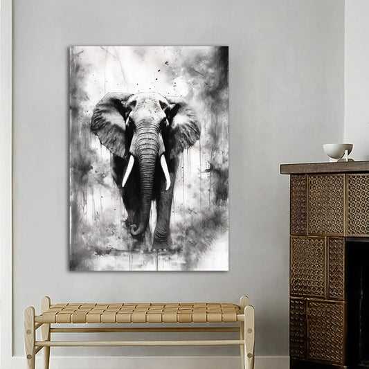 Black and white elephant painting, elephant canvas print, elephant poster, elephant art, black and white animal wall art