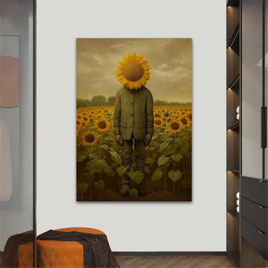 Sunflower man canvas painting, surreal sunflower print, sunflower field art, railing wall art, railing